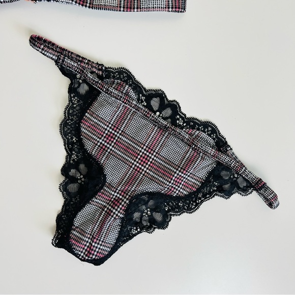 NWT Victoria’s Secret Grey & Pink Plaid Satin Bralette, Thong, & Itsy Panty Set - Picture 3 of 14